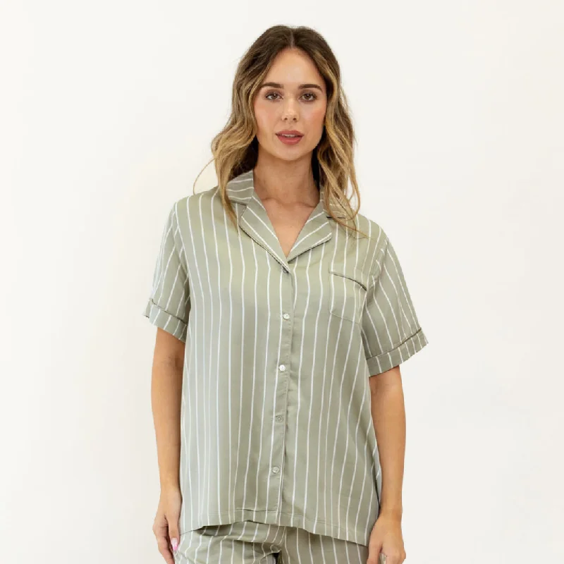 Ivy Bamboo Shirt - Olive Stripe Basic T-Shirt Crew Neck Short Sleeve