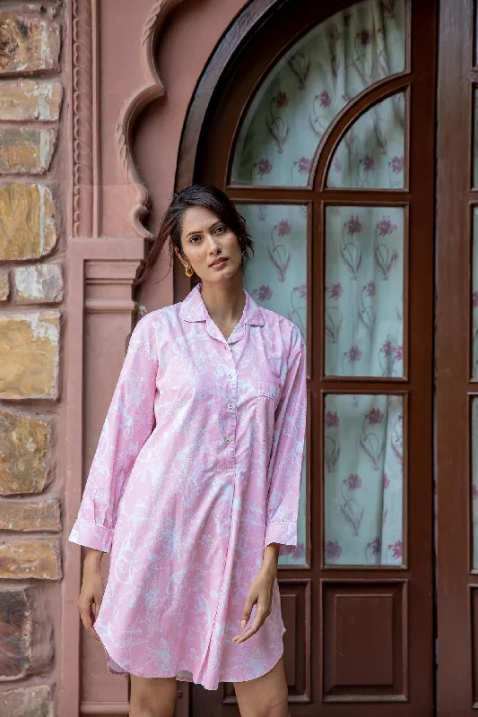 Jungle Party Nightshirt Cotton Poplin- Pink Casual Formal Business