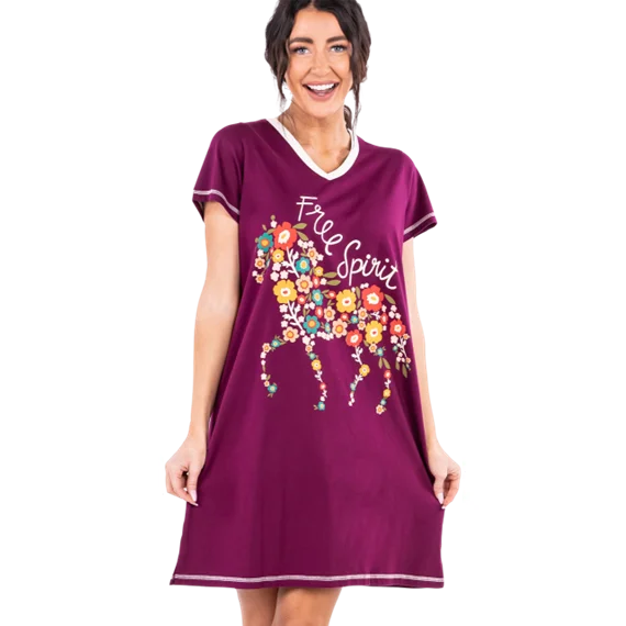 Lazy One Free Spirit Horse V-Neck Nightshirt Graphic Embroidered Appliqued