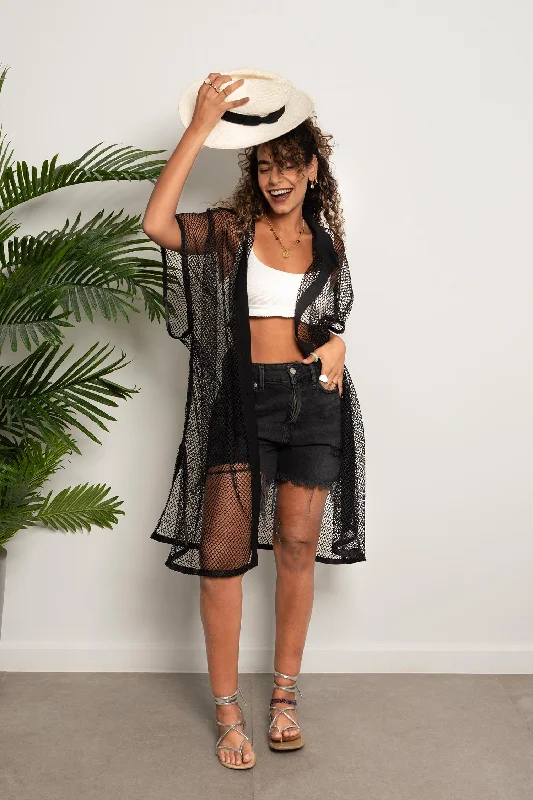 Mesh Buttoned Shirt Coverup - Mitcha Label Terry Blend Velvet Blend Canvas Blend