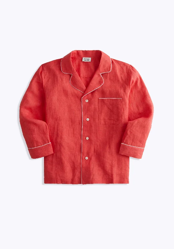Milton Pajama Shirt in Washed Red Linen Zippered Front Buttoned Front Snap Front