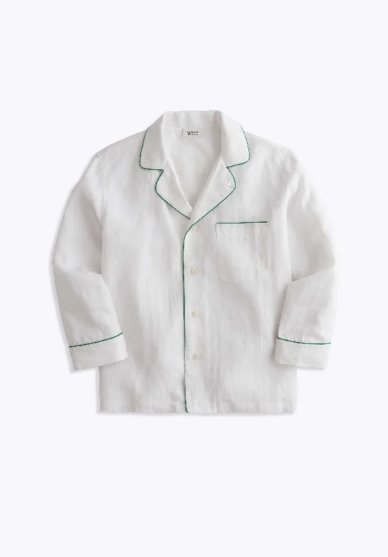 Milton Pajama Shirt in White Linen Terry Blend Velvet Blend Canvas Blend