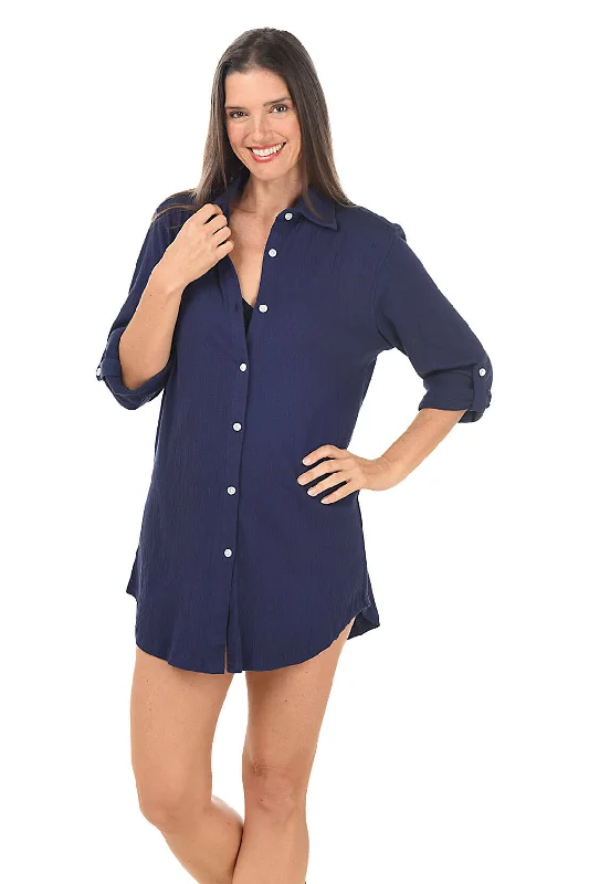 Crinkle Button-Front Shirt Cover-Up Zippered Front Buttoned Front Snap Front