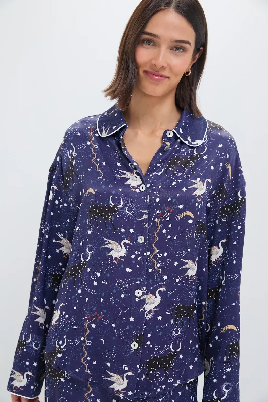 Navy Mystic Print Pastelle Oversized Shirt Real Fur Shearling Chenille