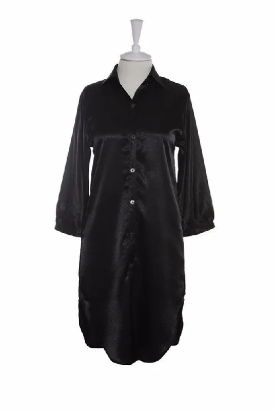 Nightshirt Silk - Black Collared T-Shirt Boat Neck A-Line