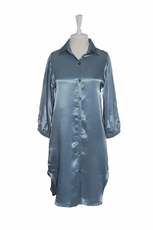 Nightshirt Silk - Blue Zippered Front Buttoned Front Snap Front