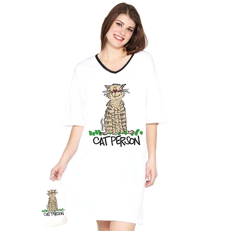 Emerson Street Clothing Co. | Cat Person | Ladies Whimsical Nightshirt Plaid T-Shirt Polka Dot Checkered