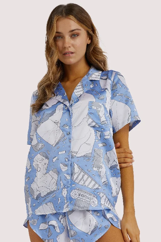 Logan Spector Recycled Blue Statue Satin Shirt Striped Floral Plaid