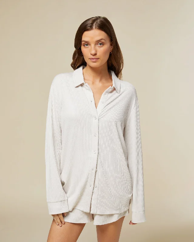 Ribbed Button Down Shirt Welt Pockets Slit Pockets Flap Pockets