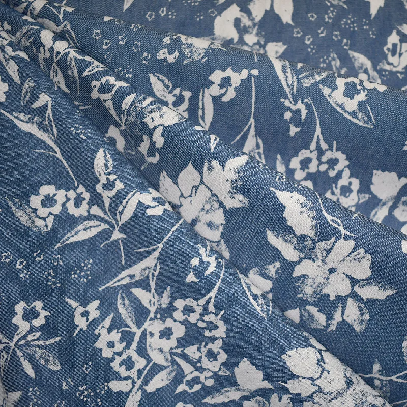Silhouette Floral Print Denim Shirting Blue Sequined Glittery Shiny