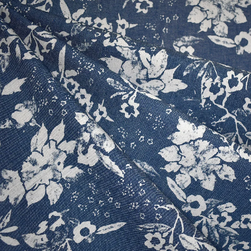 Silhouette Floral Print Denim Shirting Indigo Satin Blend Silk Blend Wool Blend