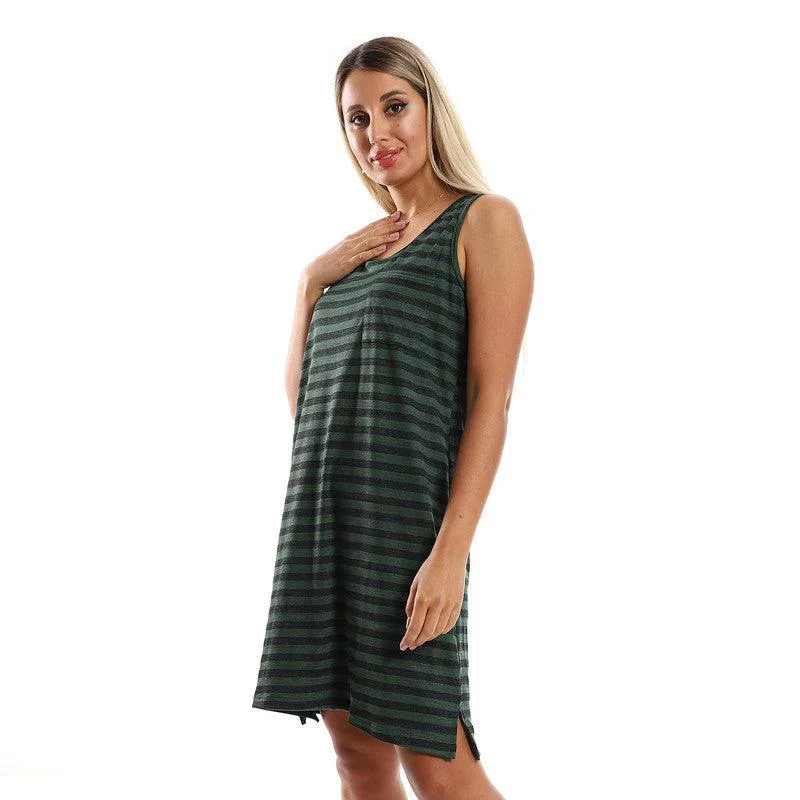 Slip-On Striped Sleepshirt With Side Patch Pocket Graphic Embroidered Appliqued