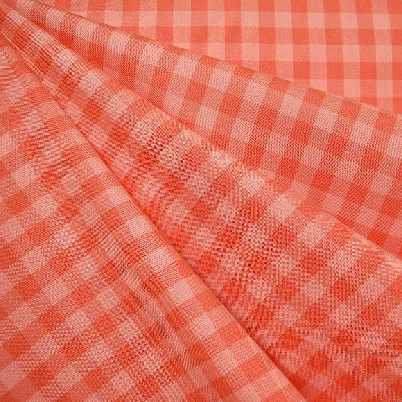 Vibrant Tonal Check Plaid Cotton Shirting Coral Fitted T-Shirt Seamless Stretchy
