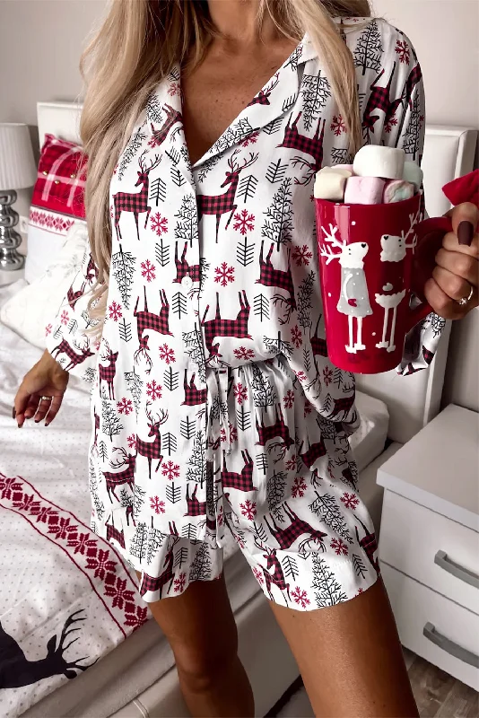 White Christmas Deer Printed Shirt and Shorts Lounge Set Mesh Canvas Denim