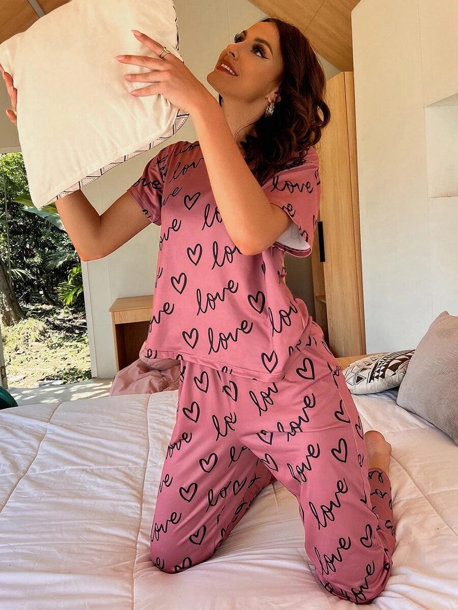 Women Printed T.Shirt & Pyjama Co-Ord Set Front Pockets Side Pockets Patch Pockets