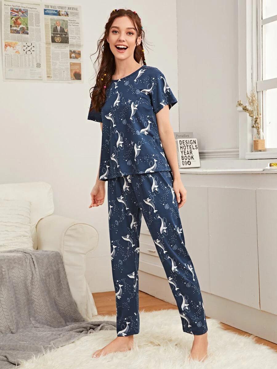 Women Printed T.Shirt & Pyjama Co-Ord Set Anti-Shrink Durable Soft