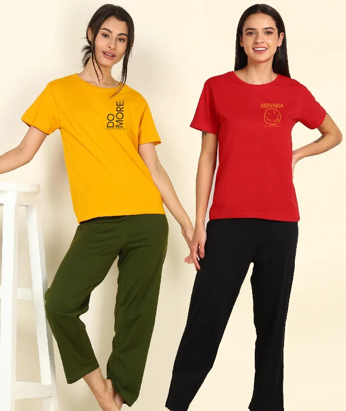 Women Printed T-shirt & Pyjama Set Pure Soft Cotton - Combo Set Handmade Hand-knitted Hand-woven Women Printed T-shirt & Pyjama Set Pure Soft Cotton - Combo Set Handmade Hand-knitted Hand-woven