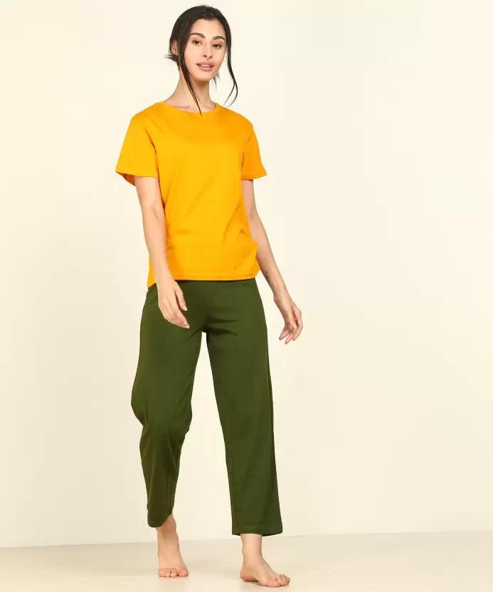 Women T-shirt & Pyjama Set Pure Soft Cotton (Yellow, Dark Green) Terry Blend Velvet Blend Canvas Blend Women T-shirt & Pyjama Set Pure Soft Cotton (Yellow, Dark Green) Terry Blend Velvet Blend Canvas Blend