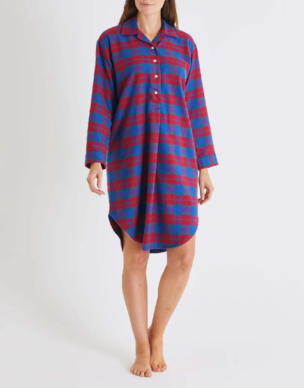 Women's Brushed Cotton Nightshirt – Bordeaux Tartan Ribbed Striped Patterned