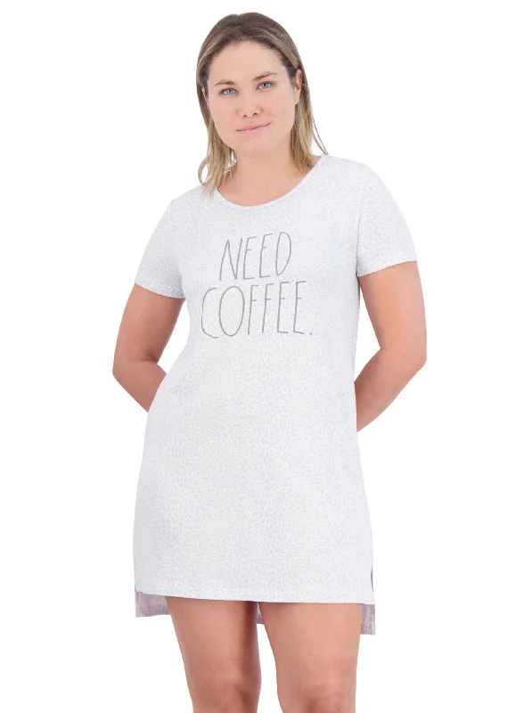 Women's "NEED COFFEE" Short Sleeve Leopard Print HiLo Nightshirt Denim Fabric Leather Fabric Suede Fabric