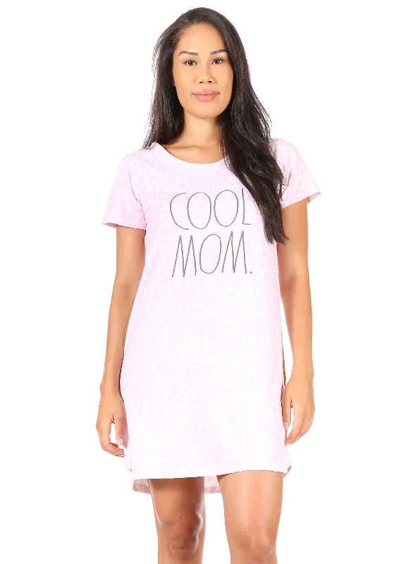 Women's "COOL MOM" Short Sleeve Leopard Print Nightshirt Zippered Buttoned Snapped