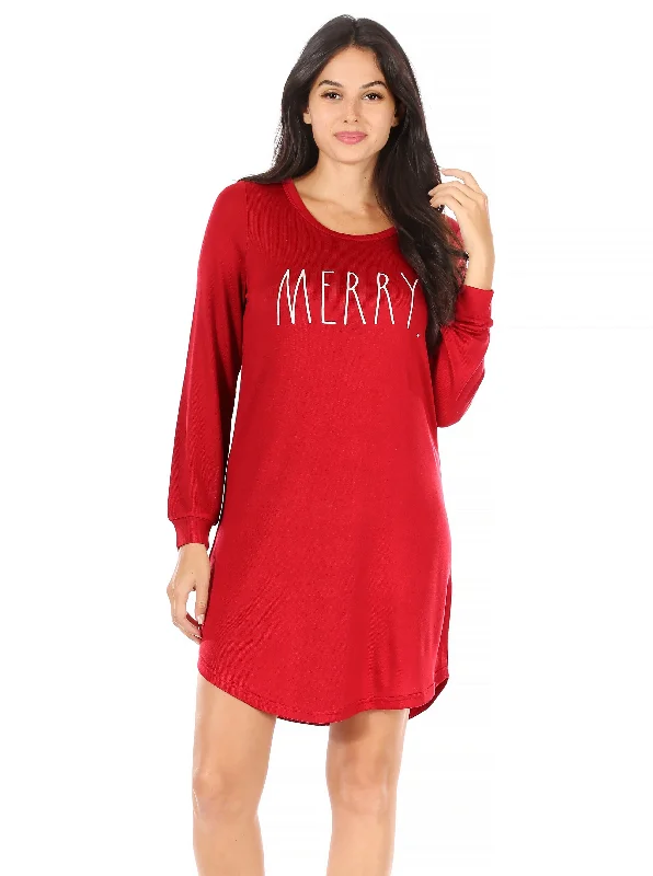Women's "MERRY" Red Long Sleeve Holiday Nightshirt Polka Dot Checkered Tartan