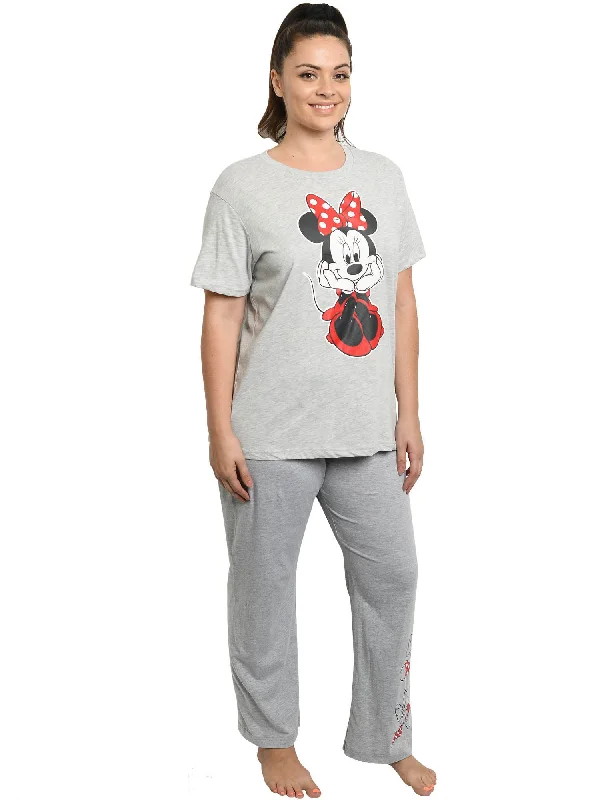 Womens Plus Size Disney Minnie Mouse T-Shirt & Lounge Pants Bow Pajama Gray Set Elasticated Padded Insulated Womens Plus Size Disney Minnie Mouse T-Shirt & Lounge Pants Bow Pajama Gray Set Elasticated Padded Insulated
