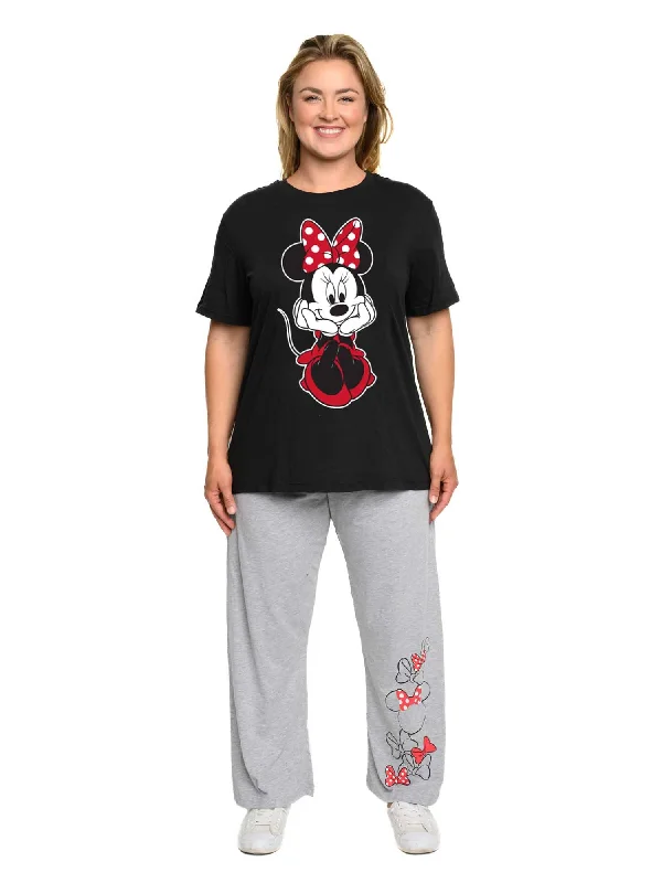 Women's Plus Size Minnie Mouse T-Shirt and Pants Pajamas Set Gray Black Hooded Caped Shawl Collar Women's Plus Size Minnie Mouse T-Shirt and Pants Pajamas Set Gray Black Hooded Caped Shawl Collar
