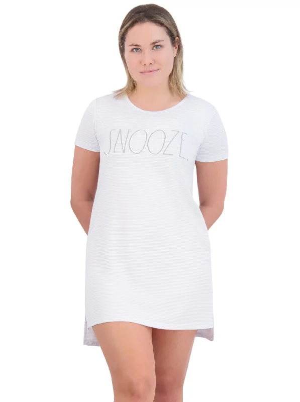 Women's "SNOOZE" Short Sleeve Striped HiLo Nightshirt Welt Pockets Slit Pockets